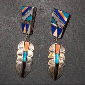 RARE Vintage Navajo Inlaid Stone & Shell Sterling Silver Feather Earrings